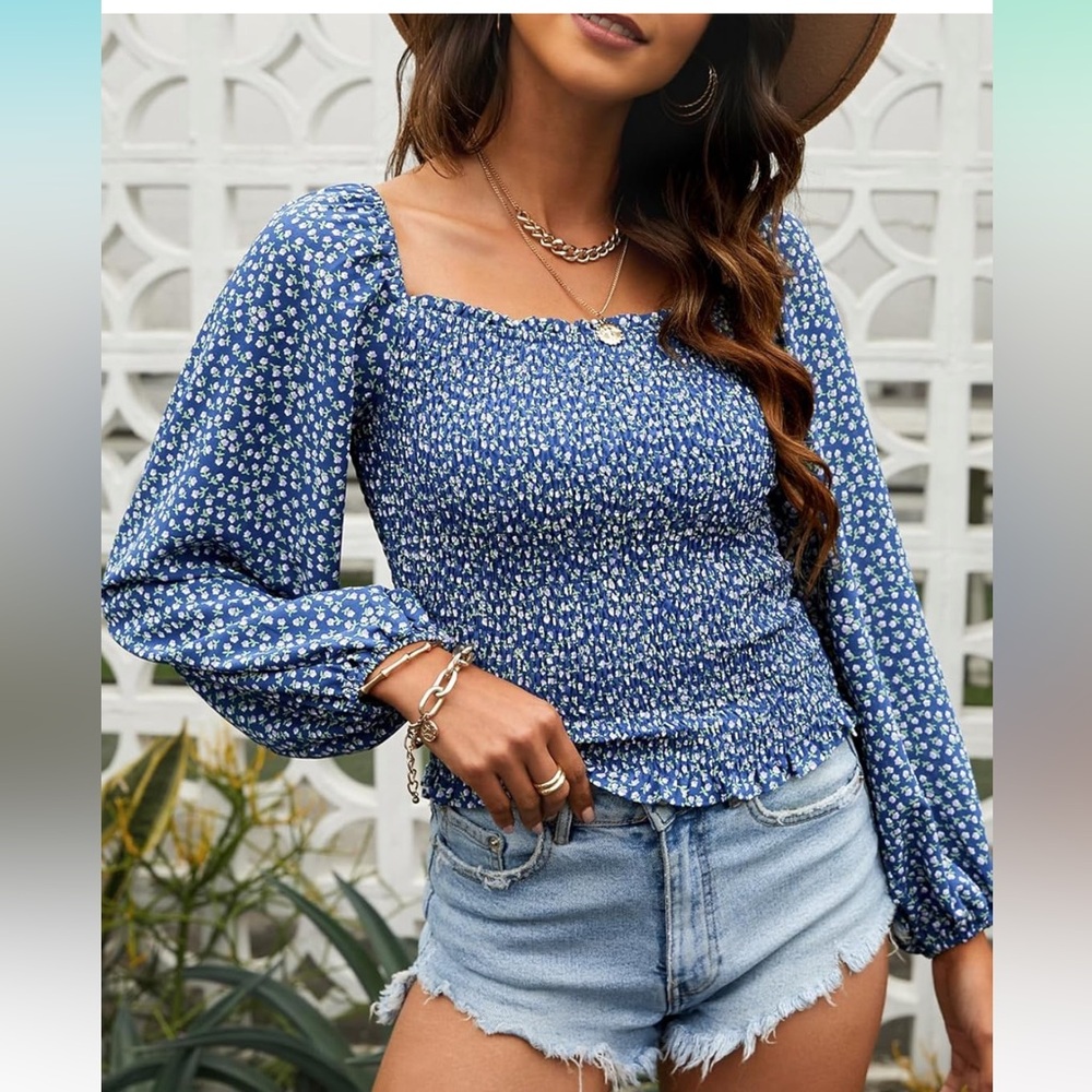 Smocked Square-Neck Long-Sleeve Blouse - Blue Floral